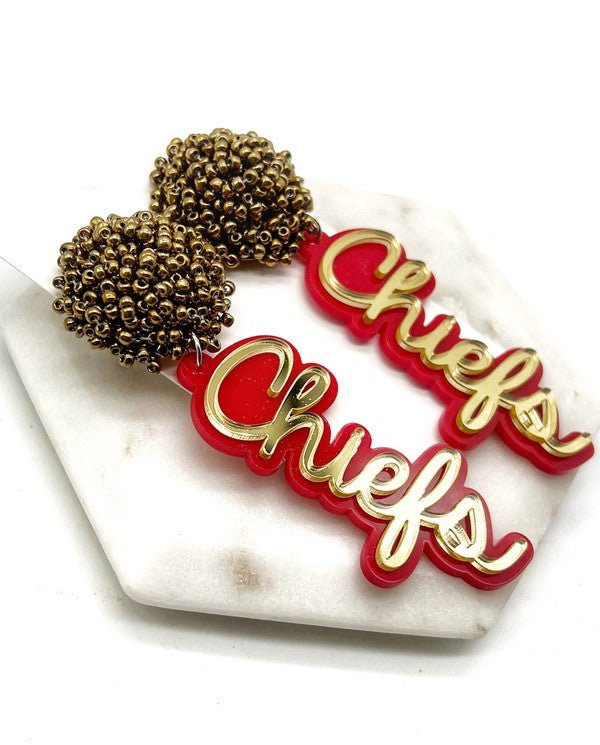 Kansas Chiefs Pom Pom Gold Football Earrings - Klazzi Fashion Boutique