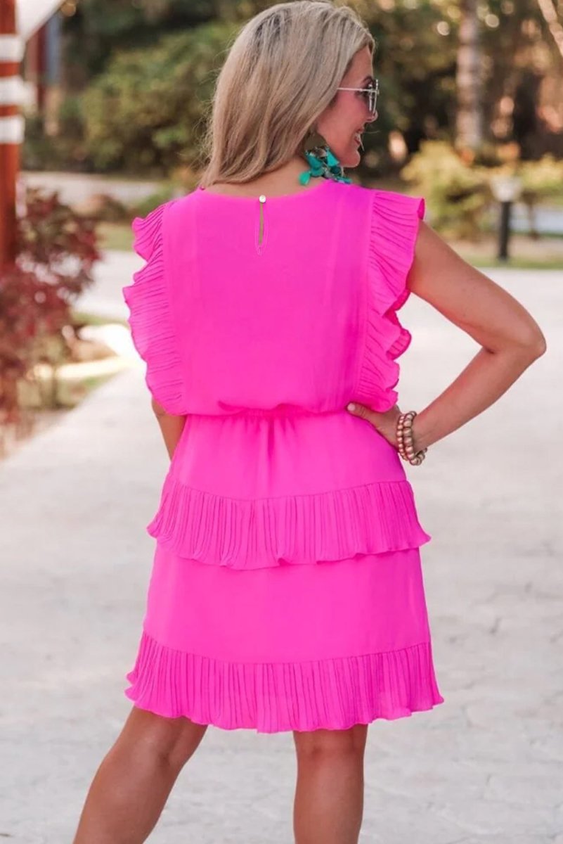 Kendall Pleated Bright Pink Layered Flutter Mini Dress - Klazzi Fashion Boutique