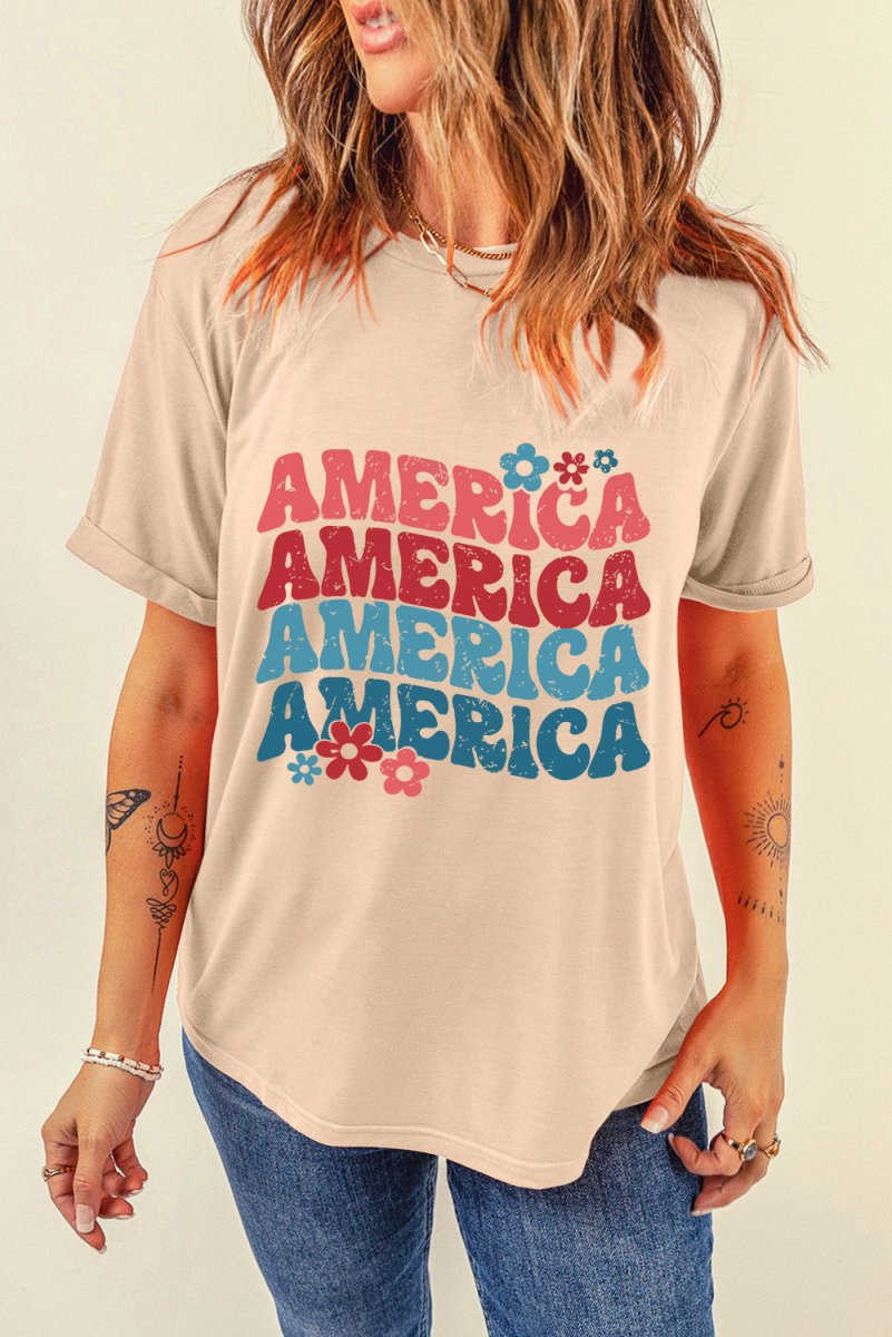 Khaki "AMERICA" Floral Graphic T Shirt - Klazzi Fashion Boutique