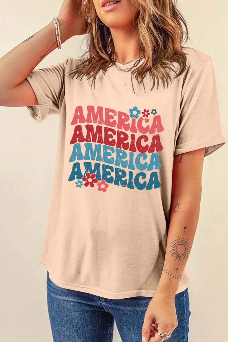 Khaki "AMERICA" Floral Graphic T Shirt - Klazzi Fashion Boutique