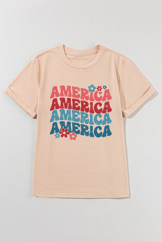 Khaki "AMERICA" Floral Graphic T Shirt - Klazzi Fashion Boutique