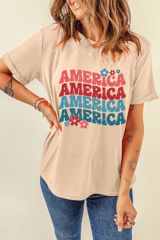 Khaki "AMERICA" Floral Graphic T Shirt - Klazzi Fashion Boutique