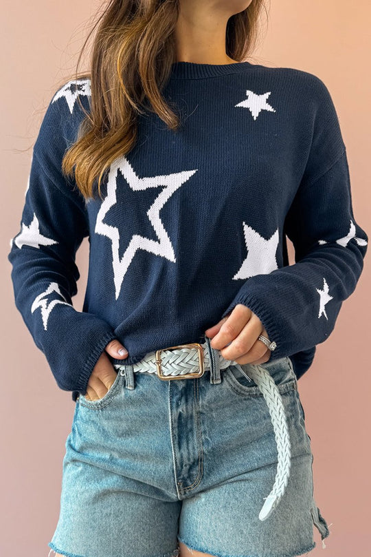 Knitted Navy Blue Star Drop Shoulder Sweater - Klazzi Fashion Boutique