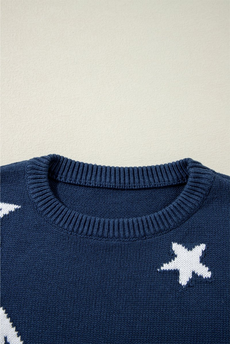 Knitted Navy Blue Star Drop Shoulder Sweater - Klazzi Fashion Boutique