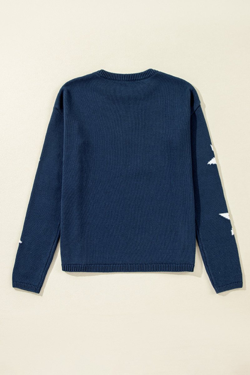 Knitted Navy Blue Star Drop Shoulder Sweater - Klazzi Fashion Boutique