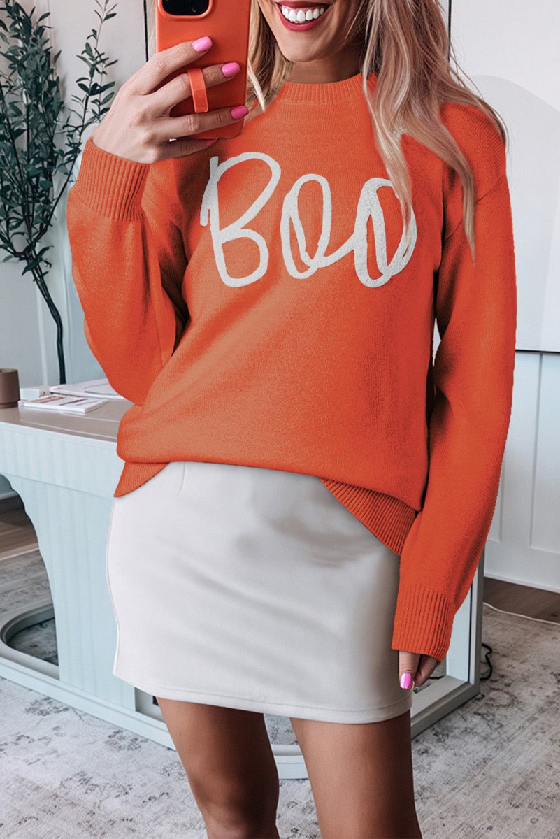 Knitted Orange Spice "Boo" Sweater - Klazzi Fashion Boutique