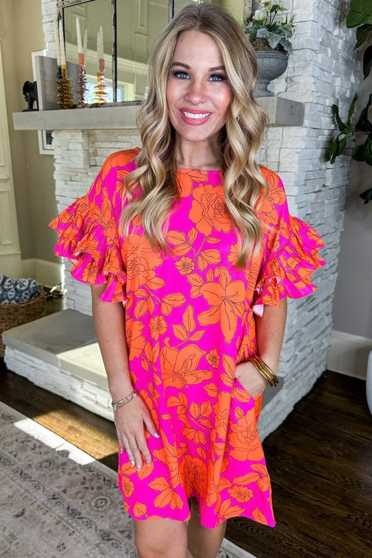 Lauren Pink and Orange Floral Ruffled Dress - Klazzi Fashion Boutique