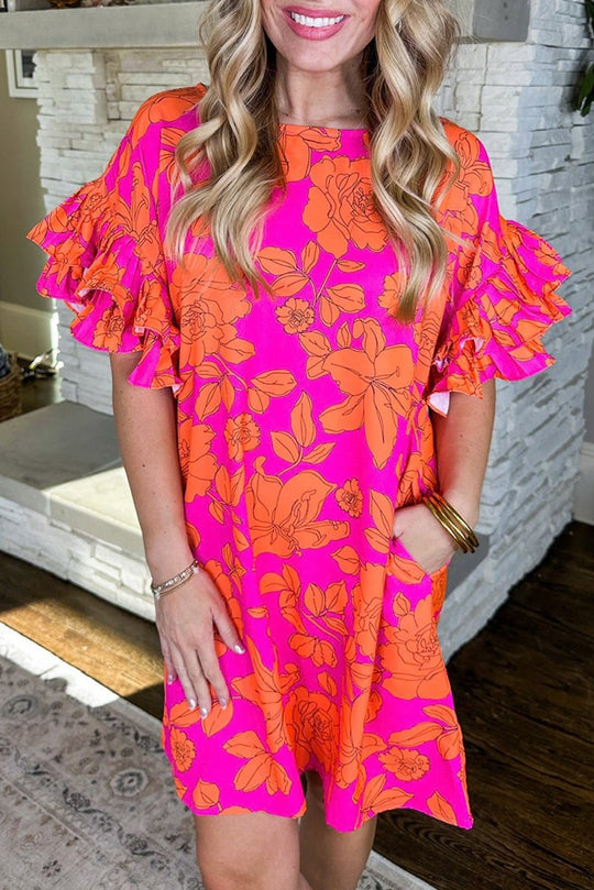 Lauren Pink and Orange Floral Ruffled Dress - Klazzi Fashion Boutique