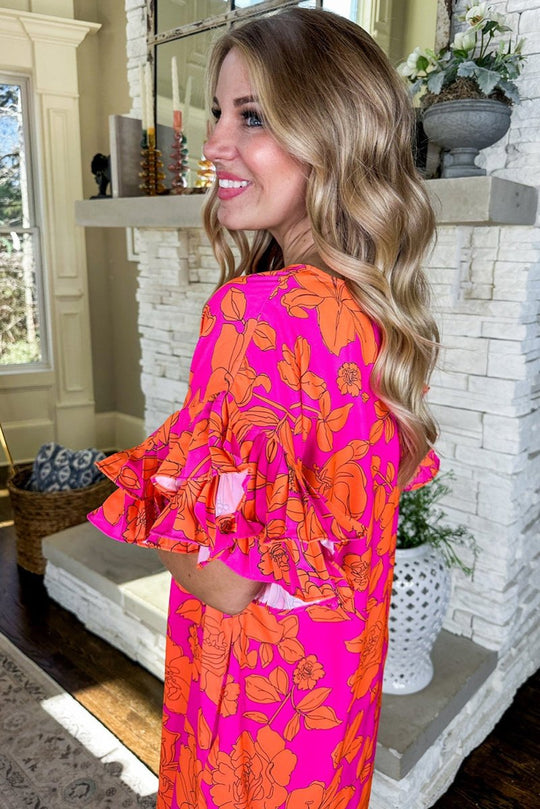 Lauren Pink and Orange Floral Ruffled Dress - Klazzi Fashion Boutique