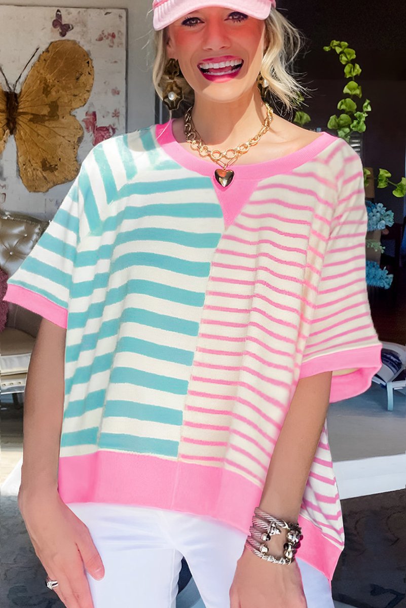 Lauren Pink and Turquoise Stripe Oversized T Shirt - Klazzi Fashion Boutique