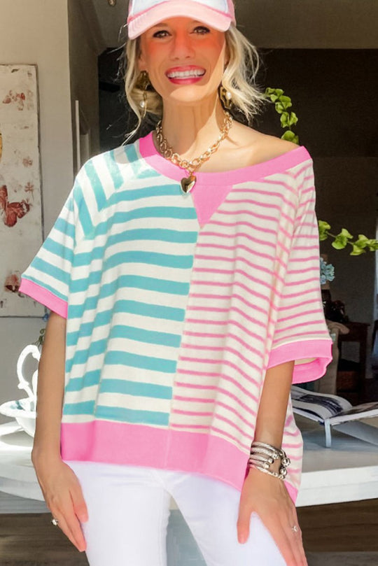 Lauren Pink and Turquoise Stripe Oversized T Shirt - Klazzi Fashion Boutique