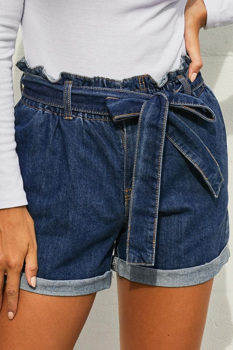 Leon Paper Bag Waist Denim Shorts - Klazzi Fashion Boutique