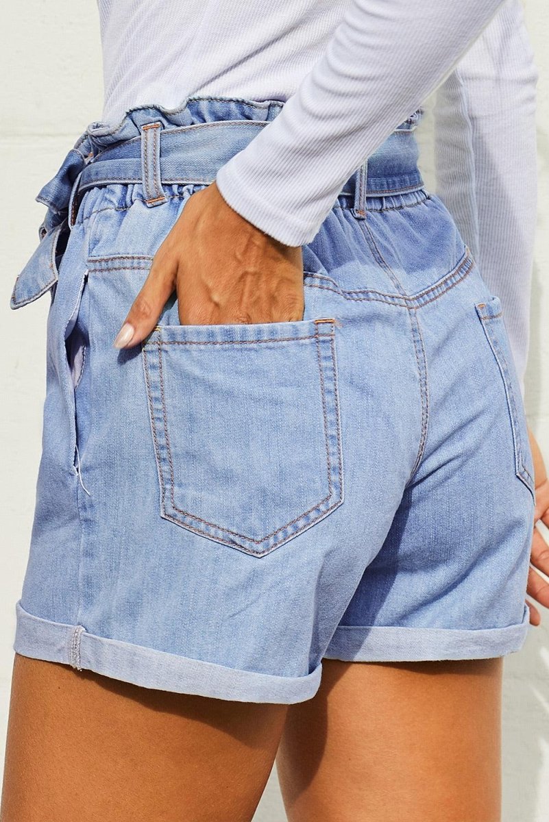 Leon Paper Bag Waist Denim Shorts - Klazzi Fashion Boutique