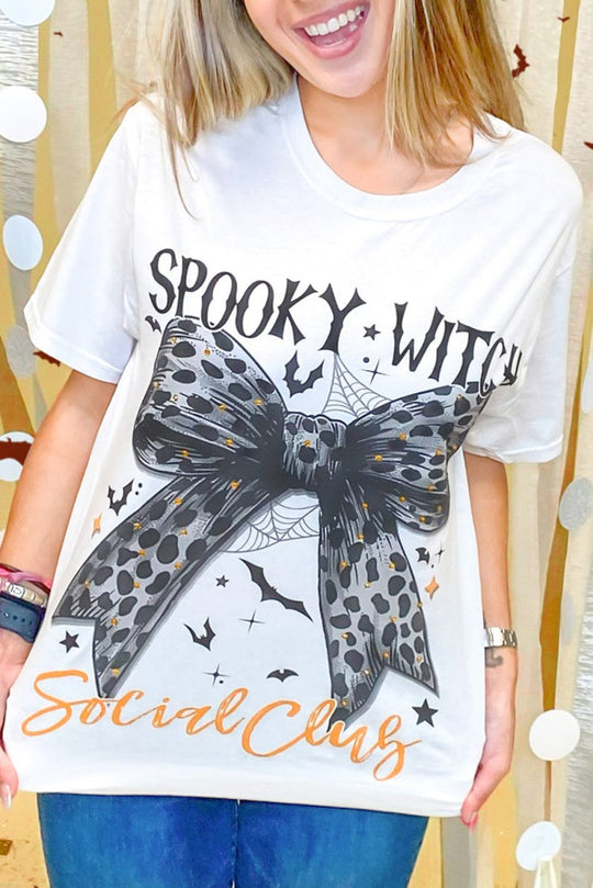 Leopard Bow Bat "SPOOKY WITCH" Graphic Halloween T Shirt - Klazzi Fashion Boutique