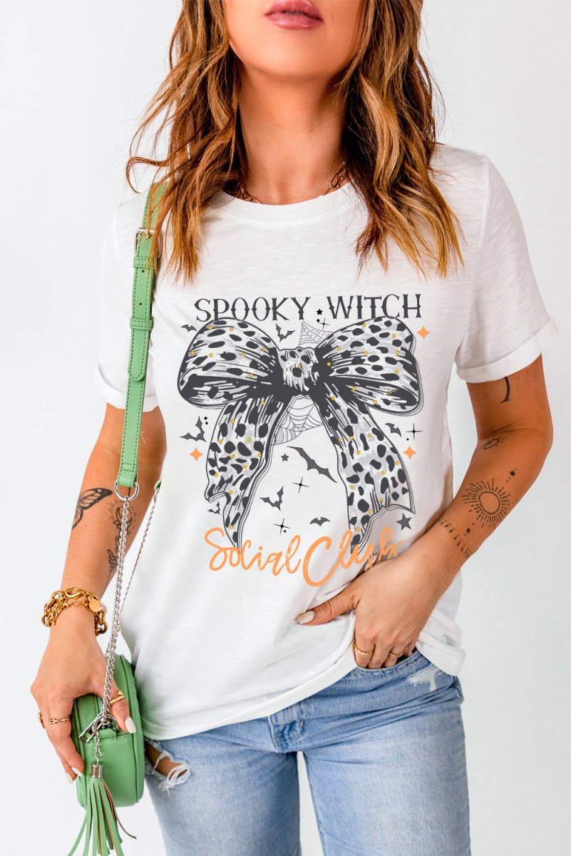 Leopard Bow Bat "SPOOKY WITCH" Graphic Halloween T Shirt - Klazzi Fashion Boutique