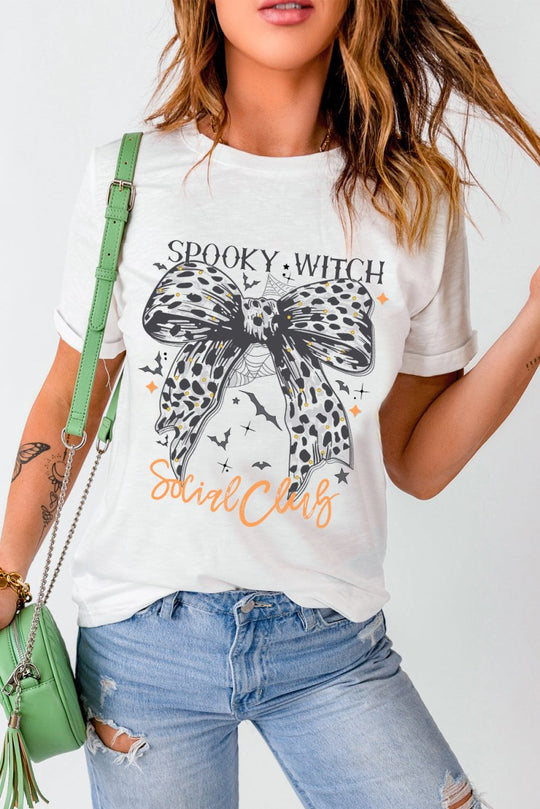 Leopard Bow Bat "SPOOKY WITCH" Graphic Halloween T Shirt - Klazzi Fashion Boutique