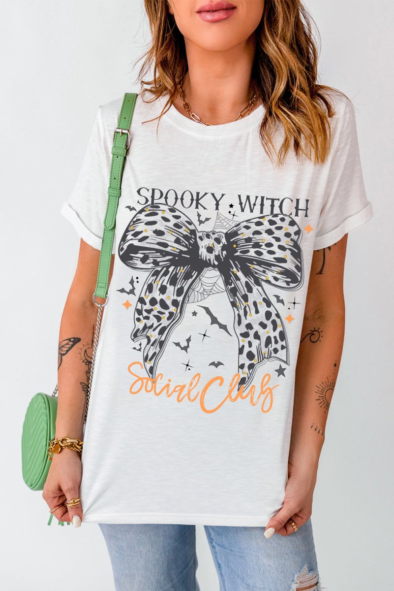 Leopard Bow Bat "SPOOKY WITCH" Graphic Halloween T Shirt - Klazzi Fashion Boutique