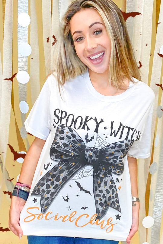 Leopard Bow Bat "SPOOKY WITCH" Graphic Halloween T Shirt - Klazzi Fashion Boutique