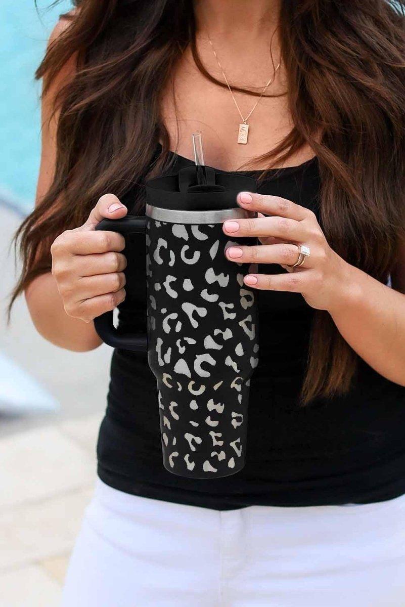 Leopard Print Tumbler with Handle - Klazzi Fashion Boutique