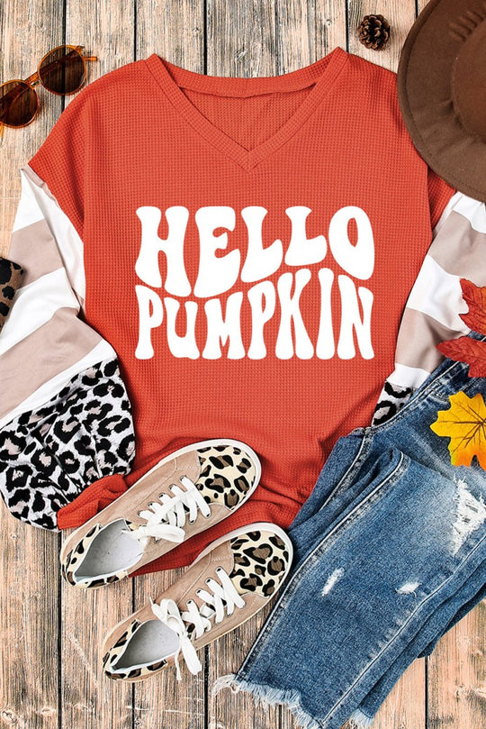 Leopard Striped "Hello Pumpkin" Orange Long Sleeve Top - Klazzi Fashion Boutique