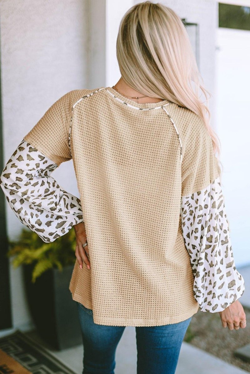 Leopard Waffle - Knit Balloon Sleeve Blouse - Klazzi Fashion Boutique