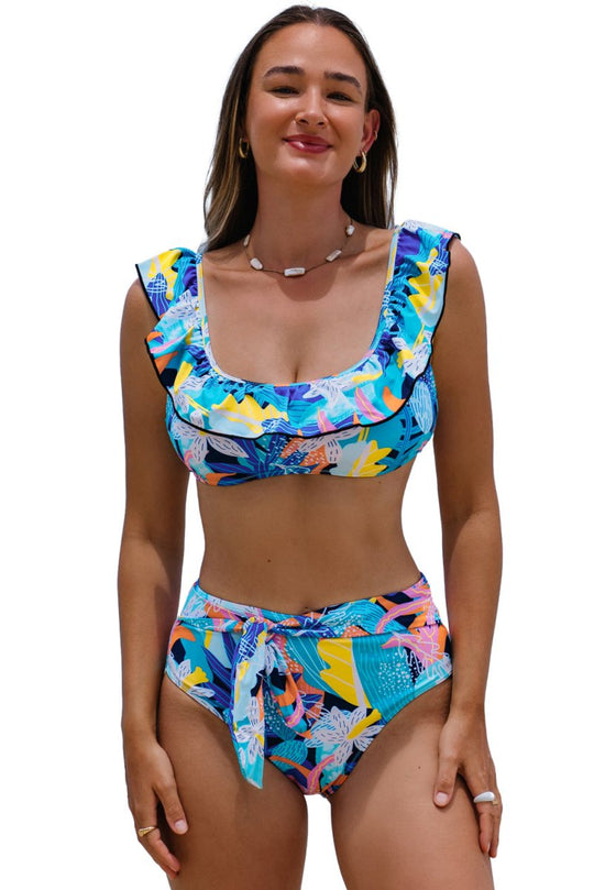 Leslie Ruffled Tropical Turquoise Swimsuit - Klazzi Fashion Boutique