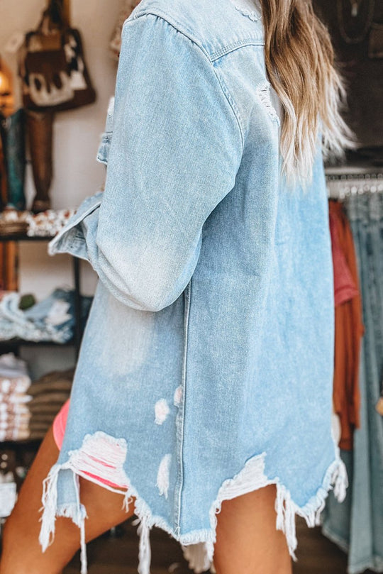 Light Distressed Frayed Long Denim Jacket - Klazzi Fashion Boutique