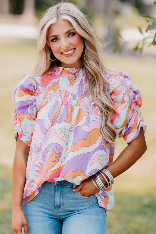 Lilac Abstract Bubble Sleeve Blouse - Klazzi Fashion Boutique