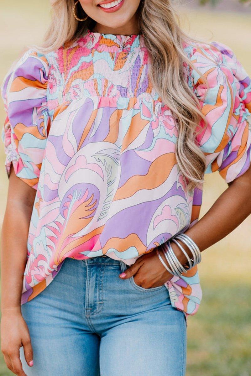 Lilac Abstract Bubble Sleeve Blouse - Klazzi Fashion Boutique