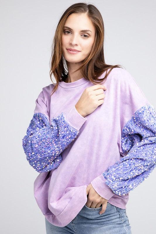 Lilac Purple Velvet Sequin Washed Top - Klazzi Fashion Boutique