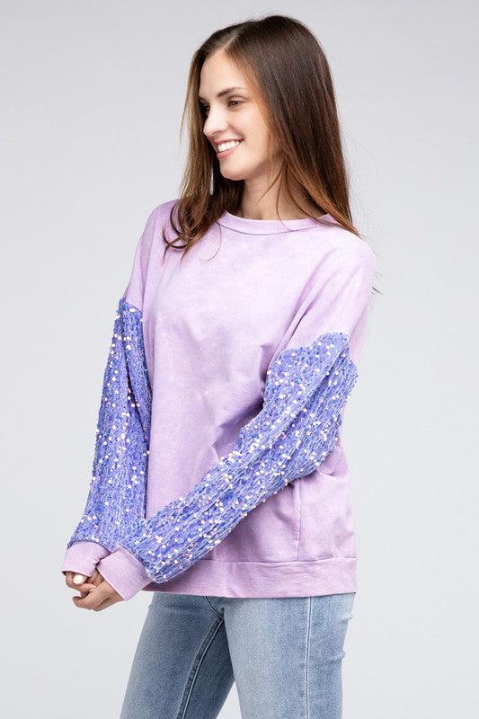 Lilac Purple Velvet Sequin Washed Top - Klazzi Fashion Boutique