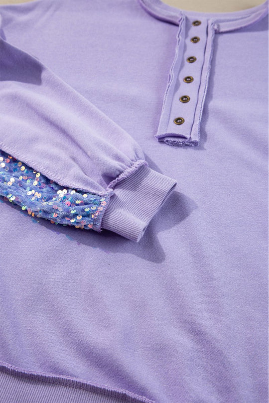 Lilac Sequin Henley Sweatshirt - Klazzi Fashion Boutique