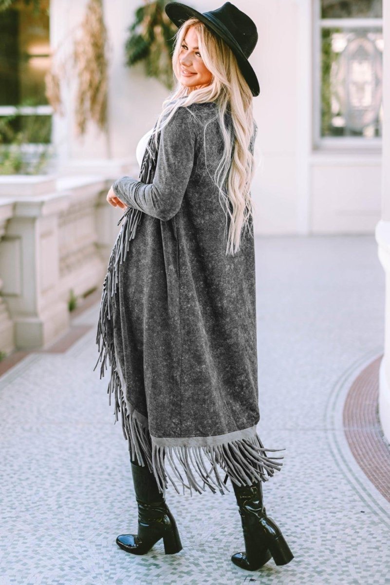 Long Black Fringed Cardigan - Klazzi Fashion Boutique