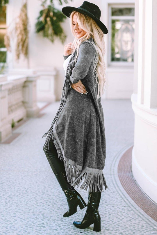 Long Black Fringed Cardigan - Klazzi Fashion Boutique