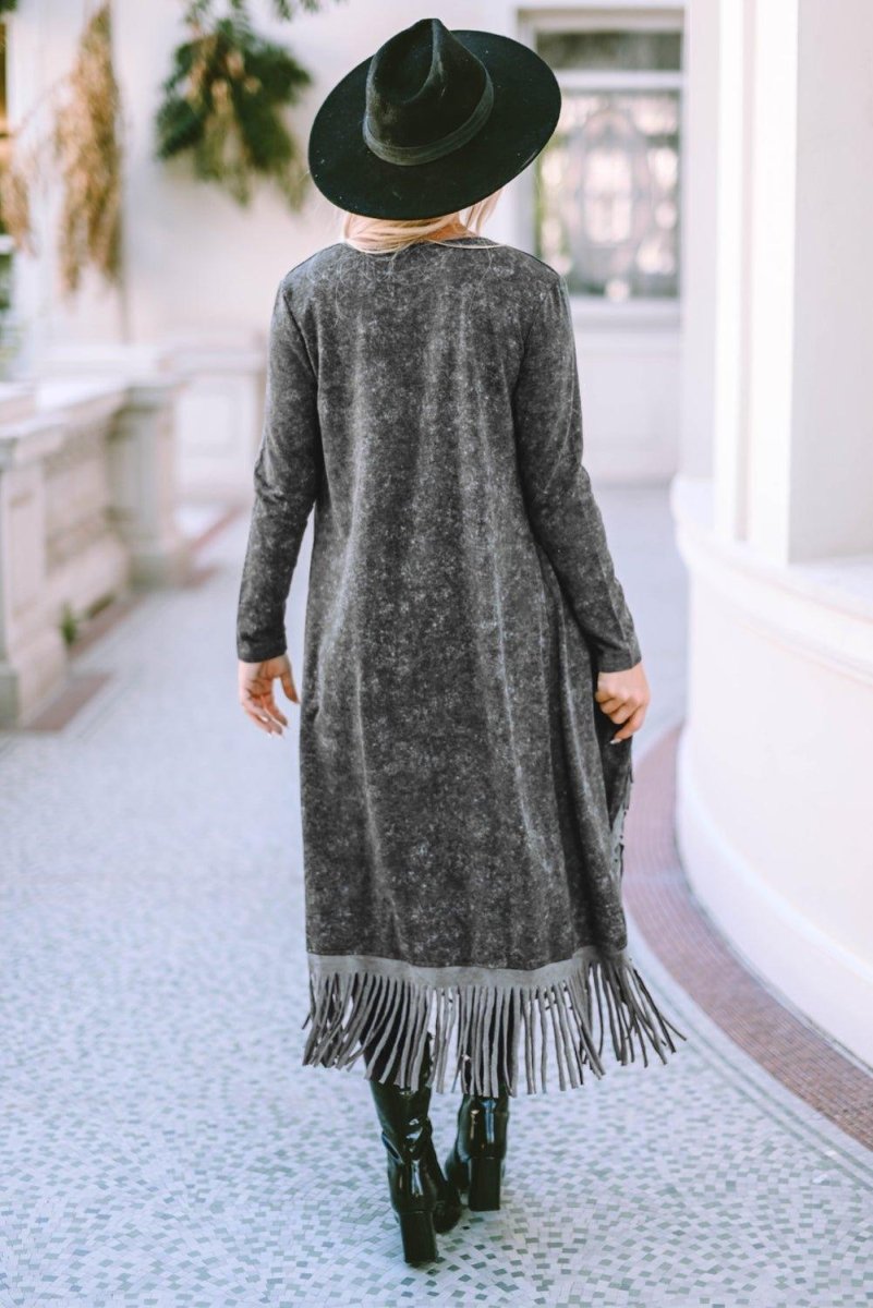 Long Black Fringed Cardigan - Klazzi Fashion Boutique