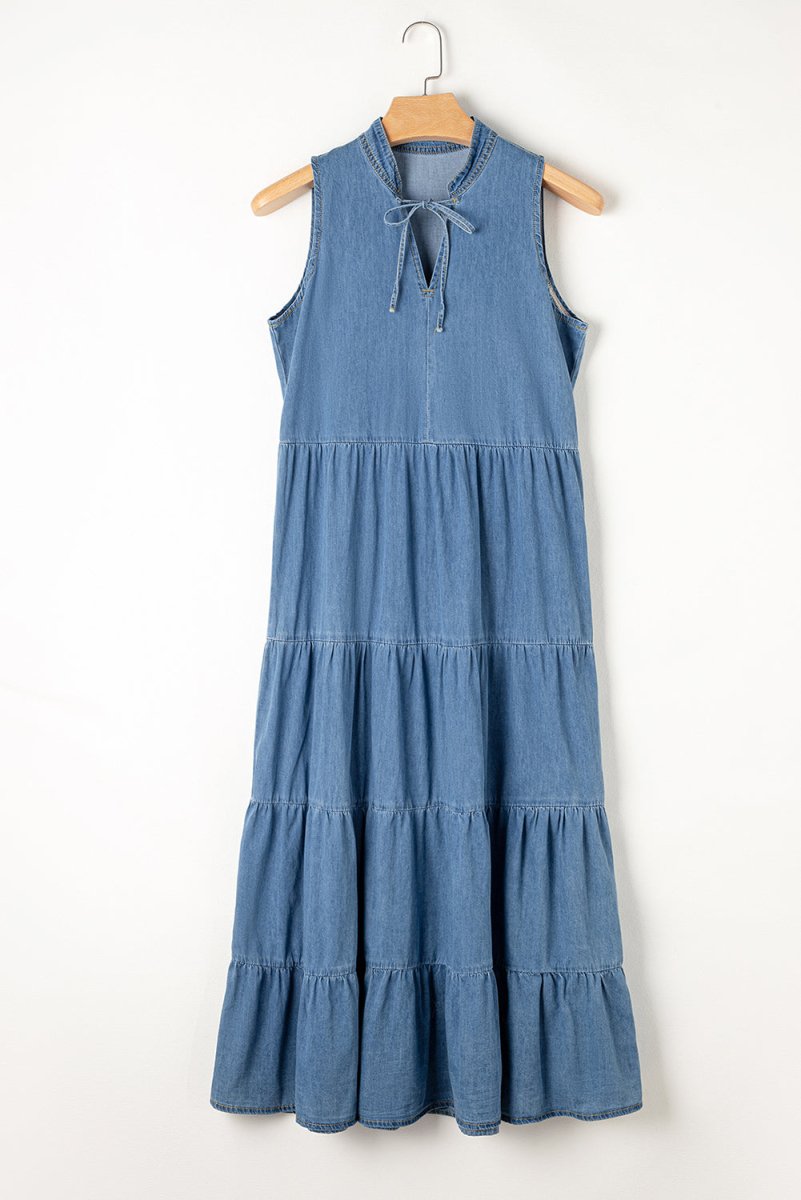 Long Chambray Tiered Maxi Denim Dress - Klazzi Fashion Boutique