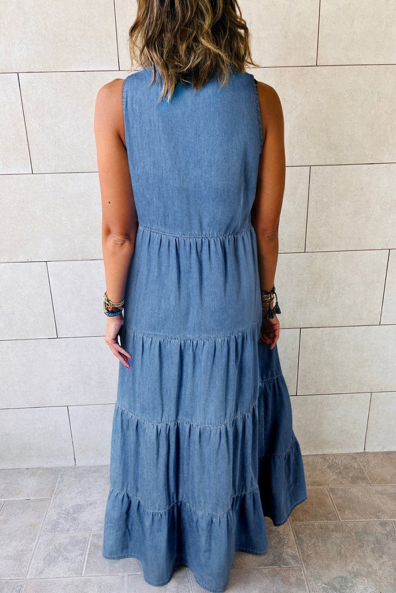 Long Chambray Tiered Maxi Denim Dress - Klazzi Fashion Boutique