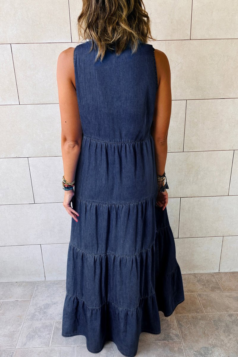 Long Chambray Tiered Maxi Denim Dress - Klazzi Fashion Boutique