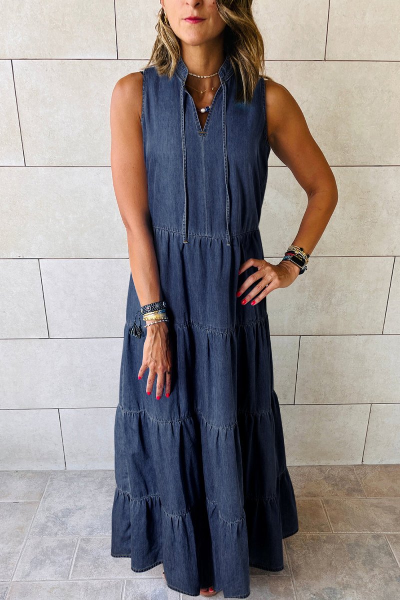 Long Chambray Tiered Maxi Denim Dress - Klazzi Fashion Boutique