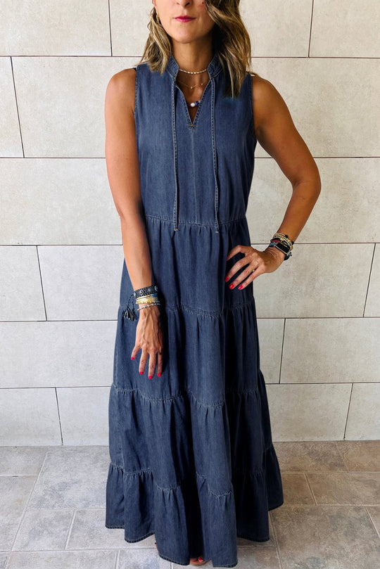 Long Chambray Tiered Maxi Denim Dress - Klazzi Fashion Boutique