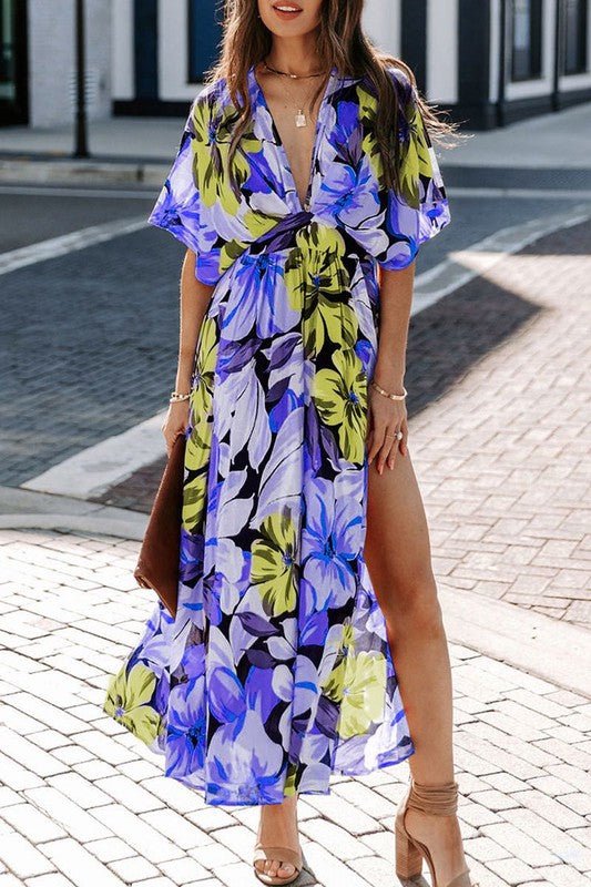 Long Floral Slit Midi Dress - Klazzi Fashion Boutique