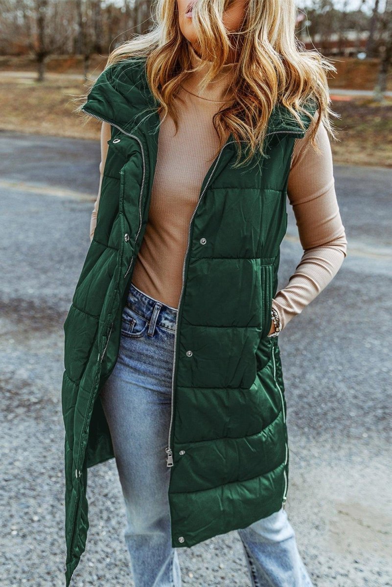 Long Green Hooded Vest Quilted Coat - Klazzi Fashion Boutique