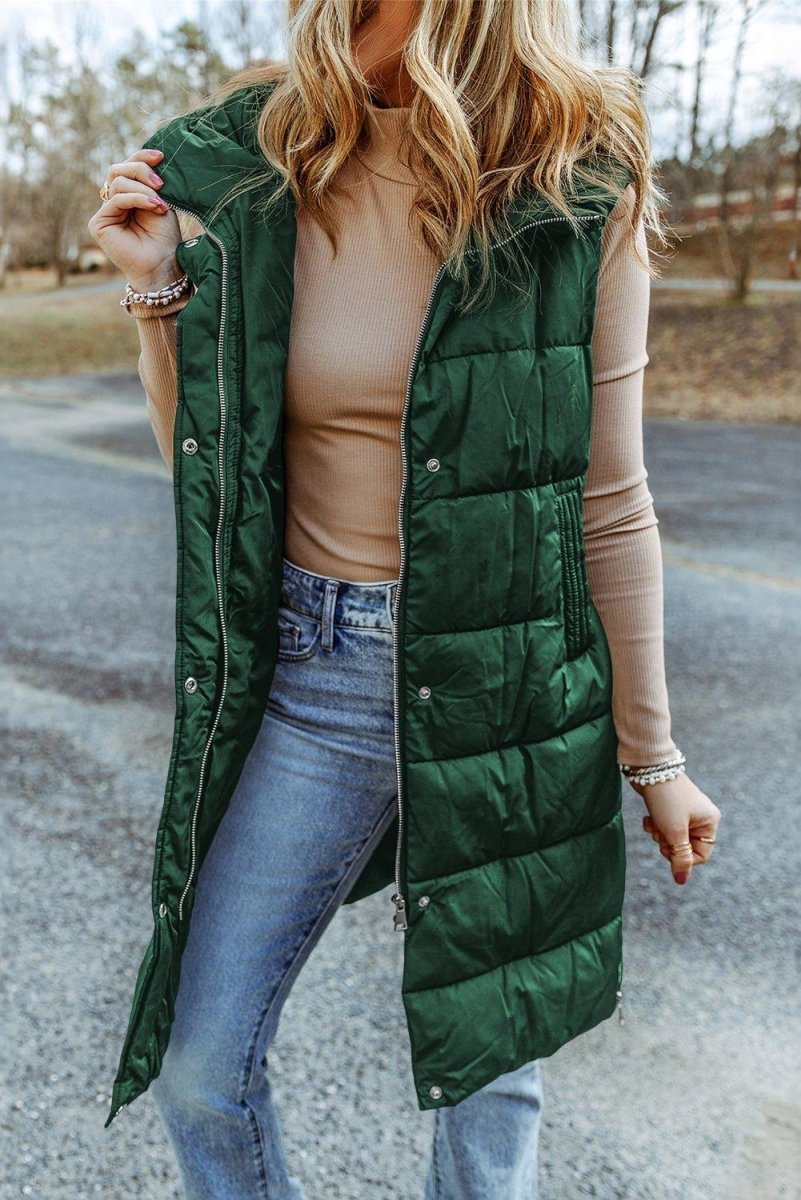 Long Green Hooded Vest Quilted Coat - Klazzi Fashion Boutique