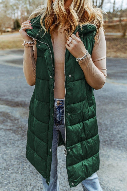 Long Green Hooded Vest Quilted Coat - Klazzi Fashion Boutique