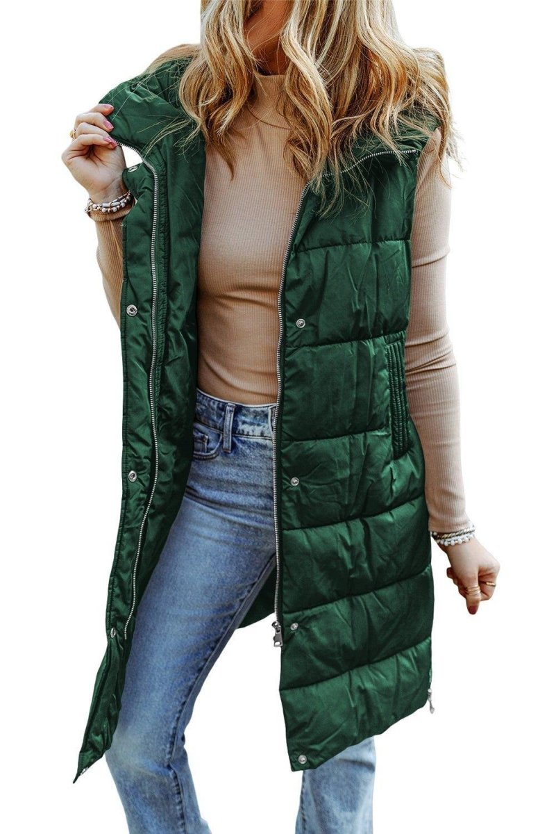 Long Green Hooded Vest Quilted Coat - Klazzi Fashion Boutique