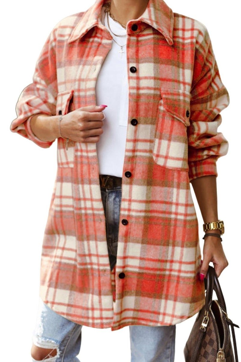 Long Plaid Casual Shacket - Klazzi Fashion Boutique