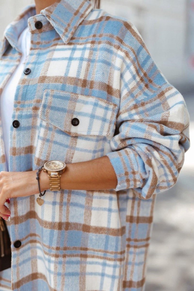 Long Plaid Casual Shacket - Klazzi Fashion Boutique