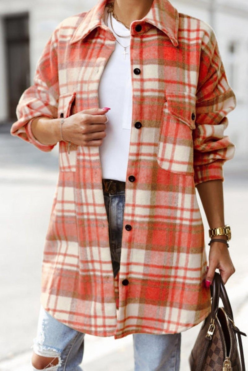 Long Plaid Casual Shacket - Klazzi Fashion Boutique