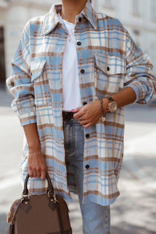 Long Plaid Casual Shacket - Klazzi Fashion Boutique