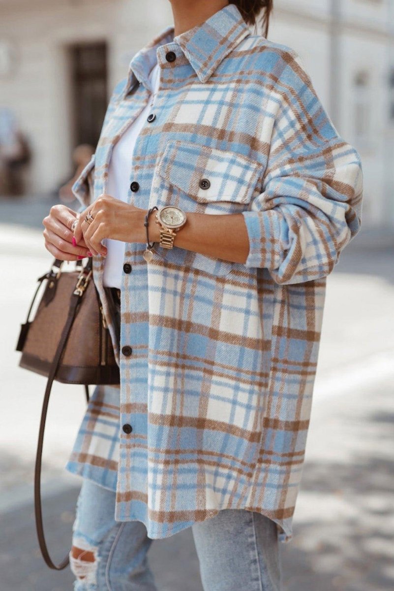 Long Plaid Casual Shacket - Klazzi Fashion Boutique